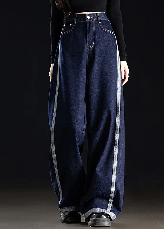 Casual Grey White Pockets Patchwork Denim Wide Leg Pants Spring - Image 2
