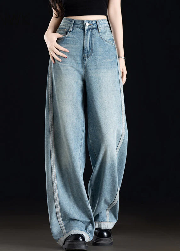 Casual Grey White Pockets Patchwork Denim Wide Leg Pants Spring - Image 3