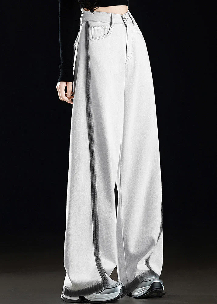 Casual Grey White Pockets Patchwork Denim Wide Leg Pants Spring - Image 4