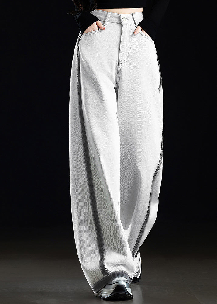 Casual Grey White Pockets Patchwork Denim Wide Leg Pants Spring - Image 5