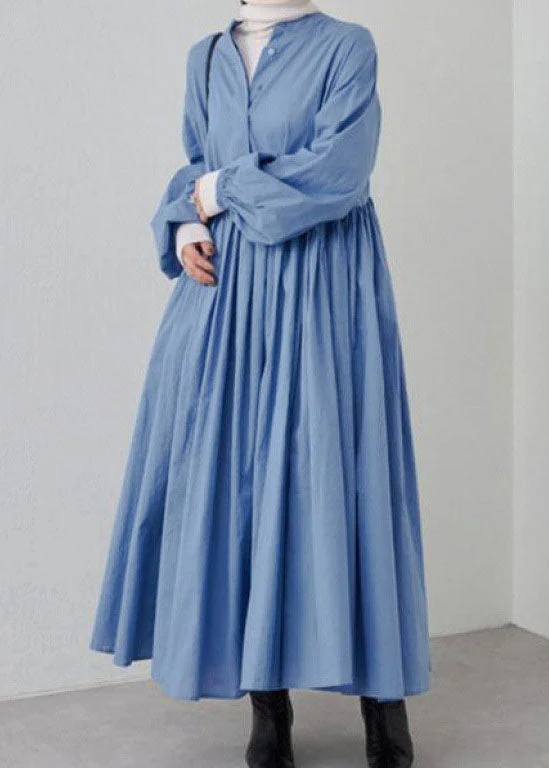 Casual Grey Wrinkled Patchwork Cotton Dresses Lantern Sleeve - Image 2