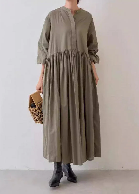 Casual Grey Wrinkled Patchwork Cotton Dresses Lantern Sleeve - Image 3