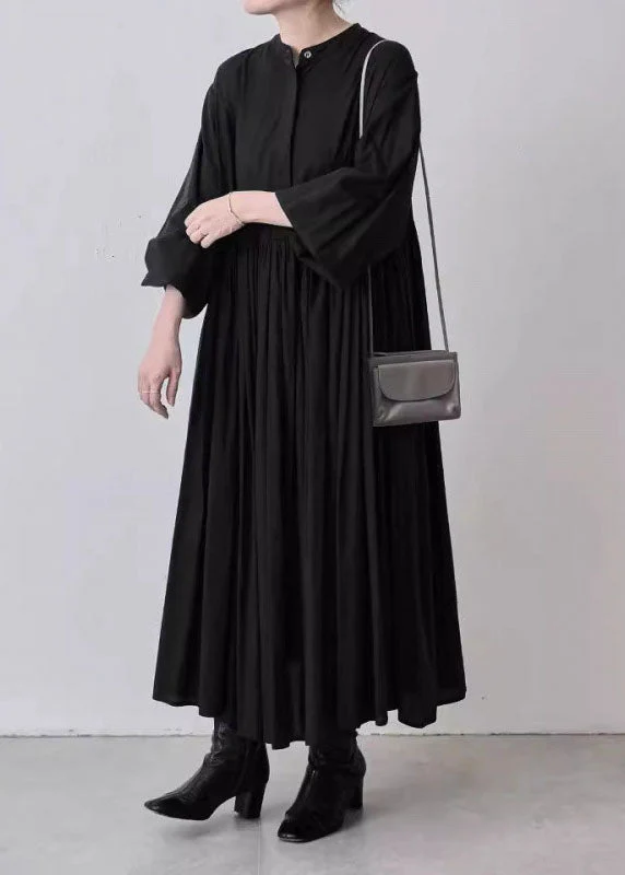 Casual Grey Wrinkled Patchwork Cotton Dresses Lantern Sleeve - Image 4