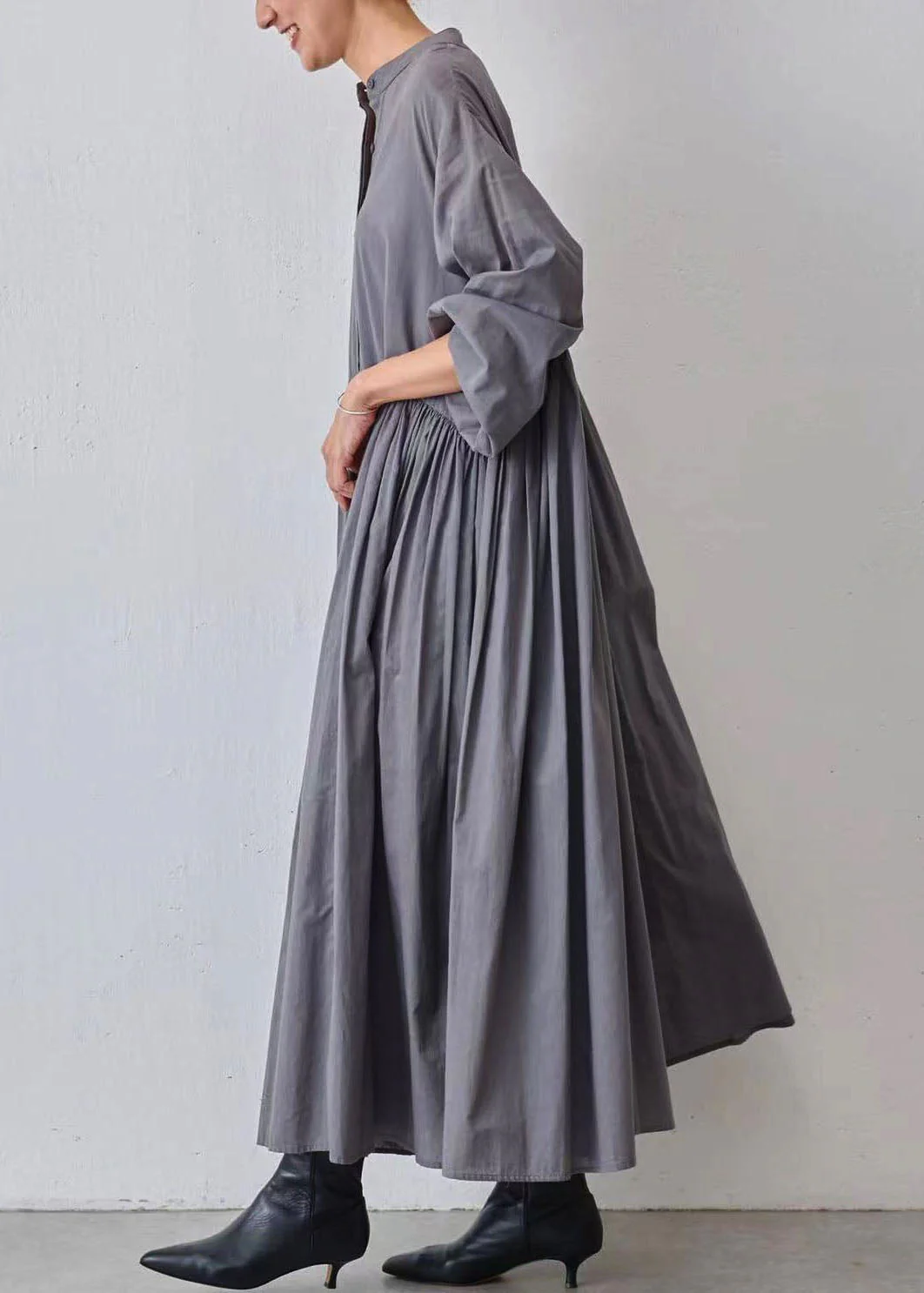 Casual Grey Wrinkled Patchwork Cotton Dresses Lantern Sleeve - Image 5