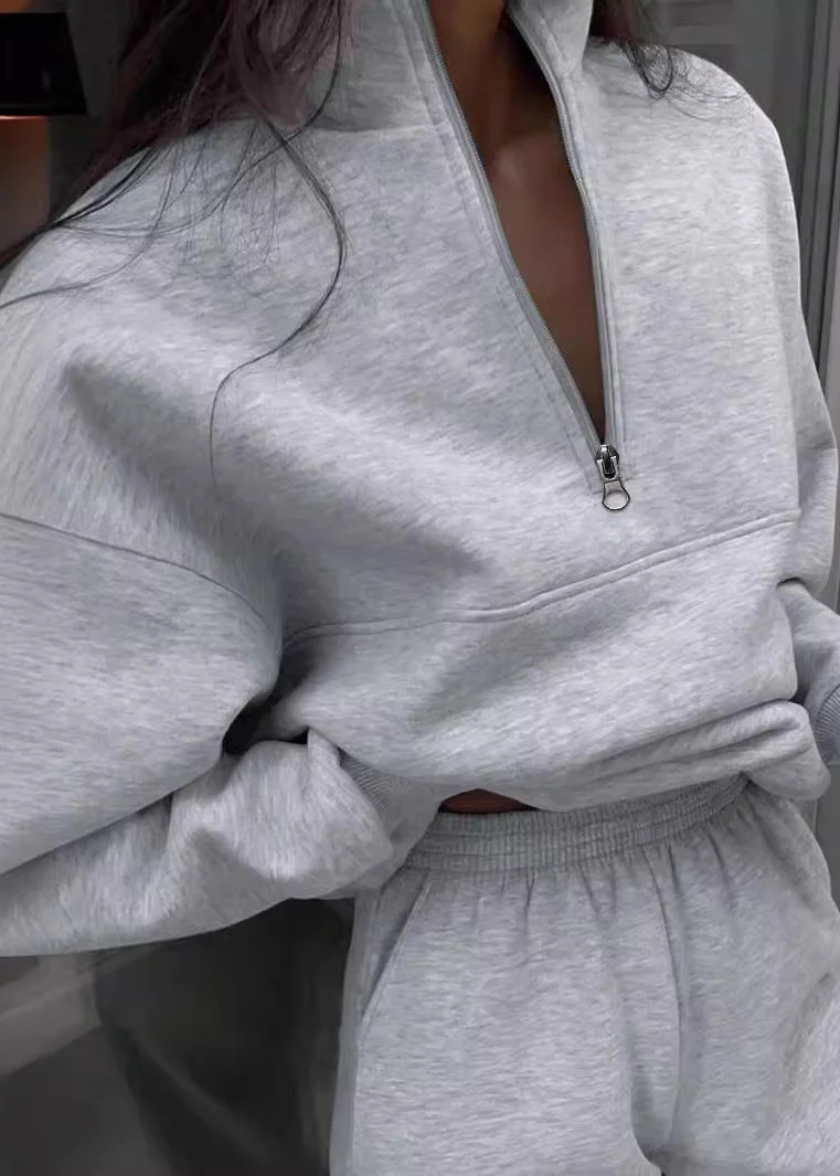 Casual Grey Zip Up Cotton Women Sets 2 Pieces Spring