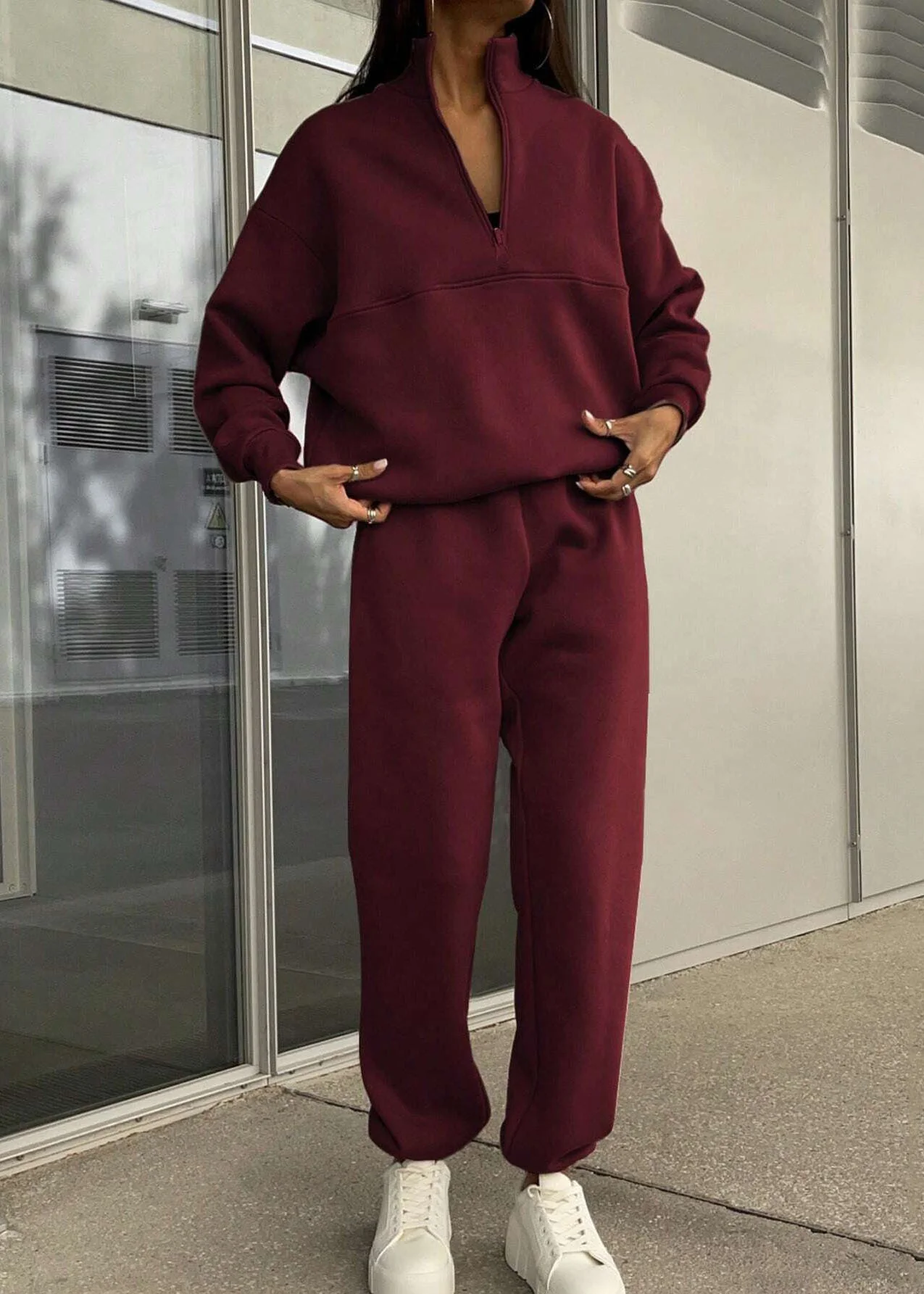 Casual Grey Zip Up Cotton Women Sets 2 Pieces Spring - Image 3