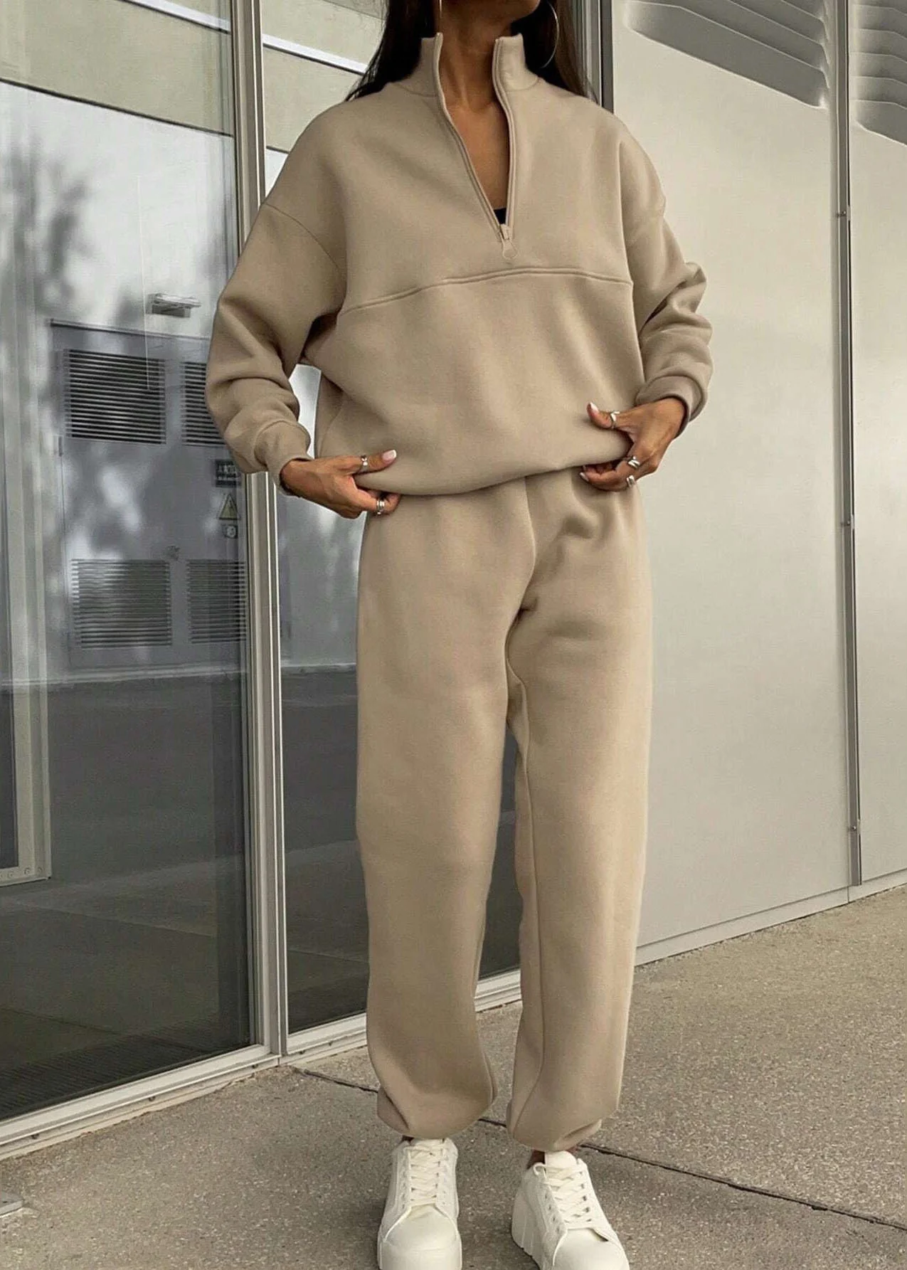 Casual Grey Zip Up Cotton Women Sets 2 Pieces Spring - Image 4