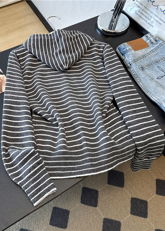 Casual Grey Zip Up Striped Hooded Knit Coats Spring - Image 2