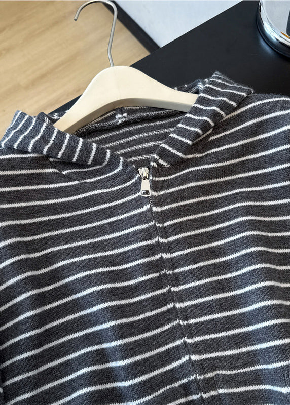 Casual Grey Zip Up Striped Hooded Knit Coats Spring - Image 3