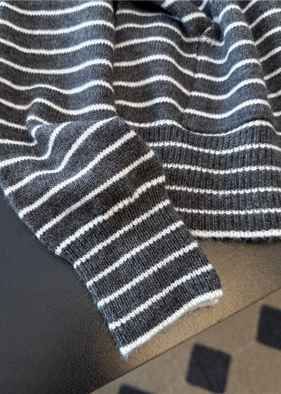 Casual Grey Zip Up Striped Hooded Knit Coats Spring - Image 4