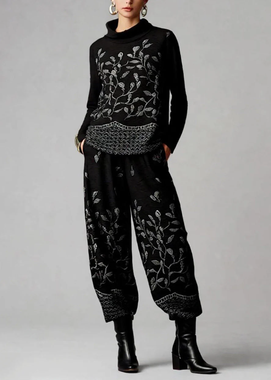 Casual Jacquard Top And Crop Pants Cotton Two Pieces Set Spring - Image 3