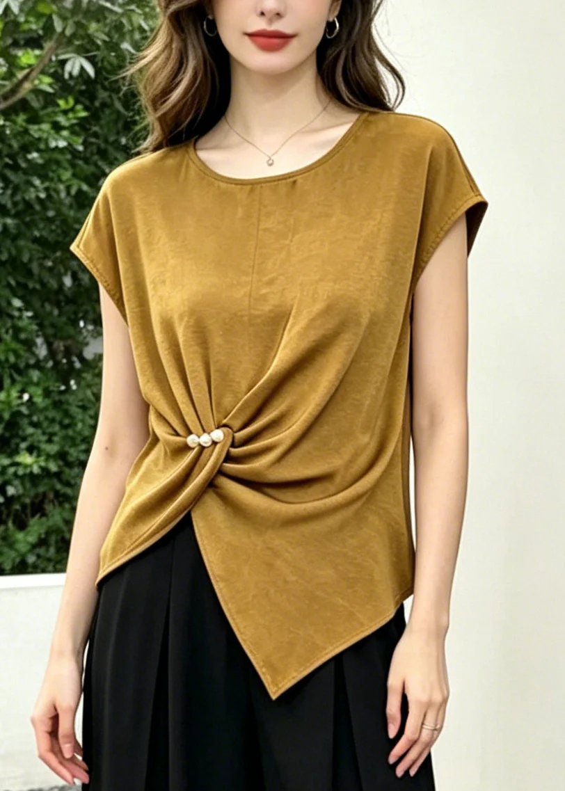 Casual Khaki Asymmetrical Cotton Silk Two Piece Set Women Clothing Summer - Image 2