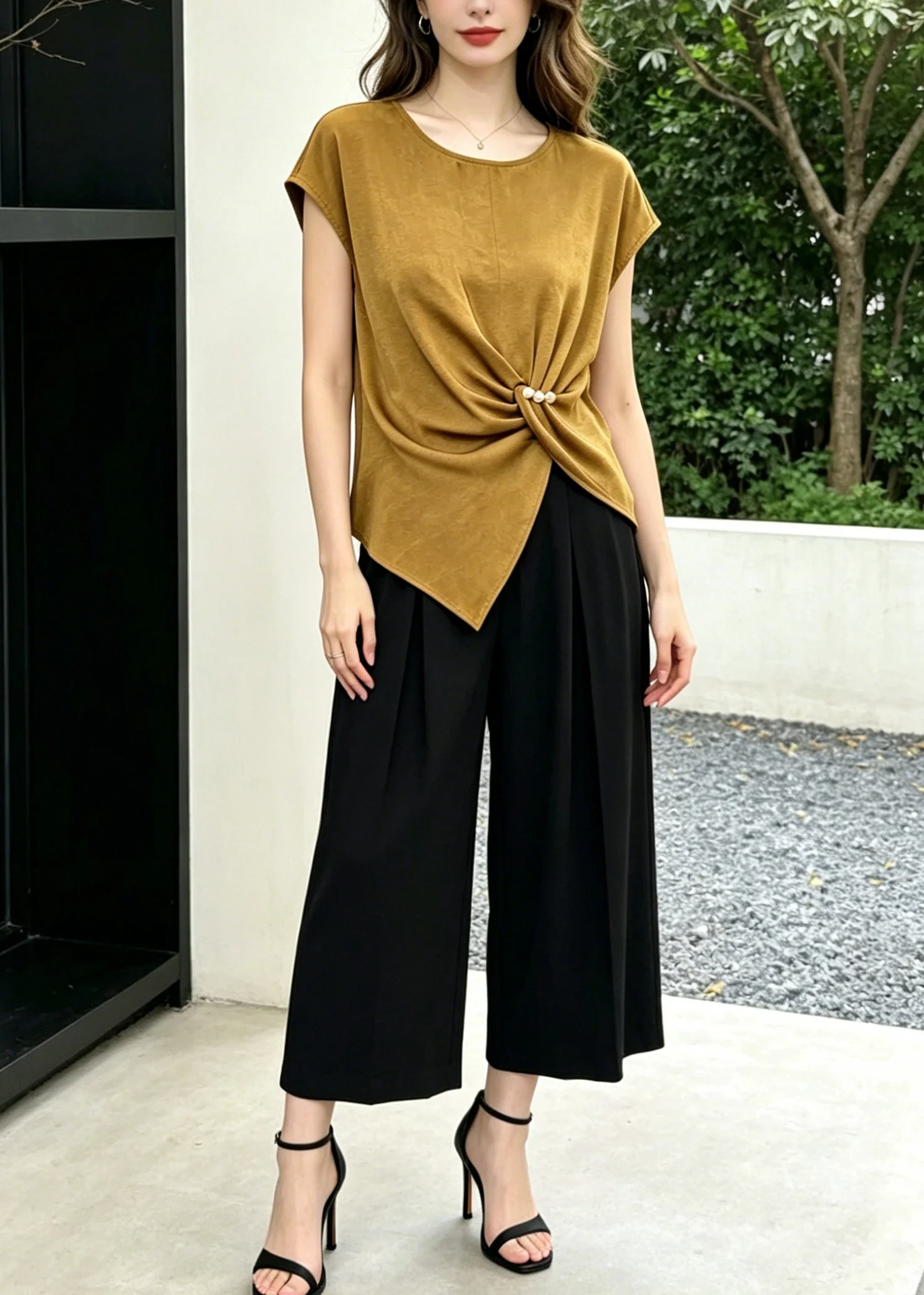 Casual Khaki Asymmetrical Cotton Silk Two Piece Set Women Clothing Summer - Image 3