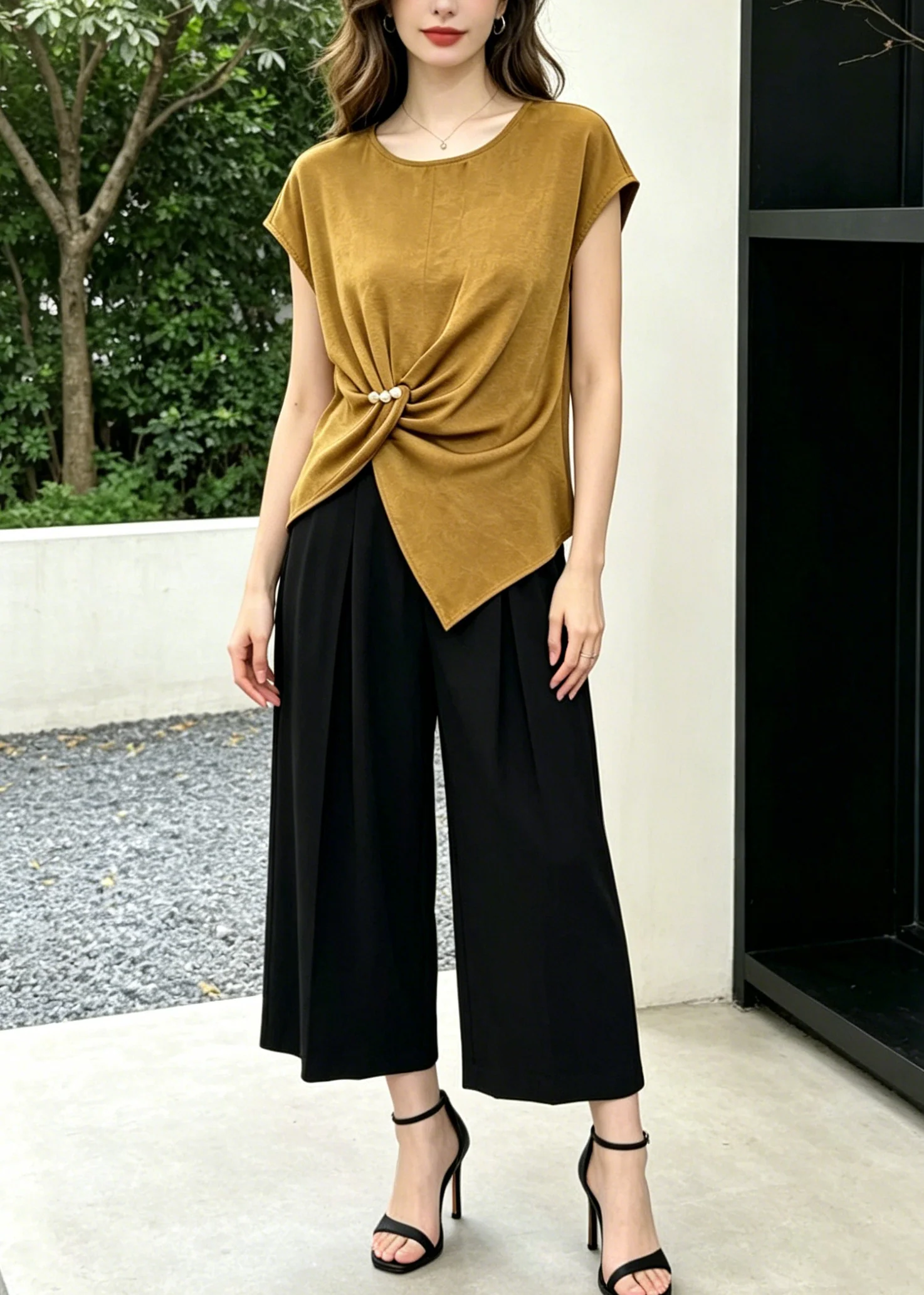 Casual Khaki Asymmetrical Cotton Silk Two Piece Set Women Clothing Summer - Image 5