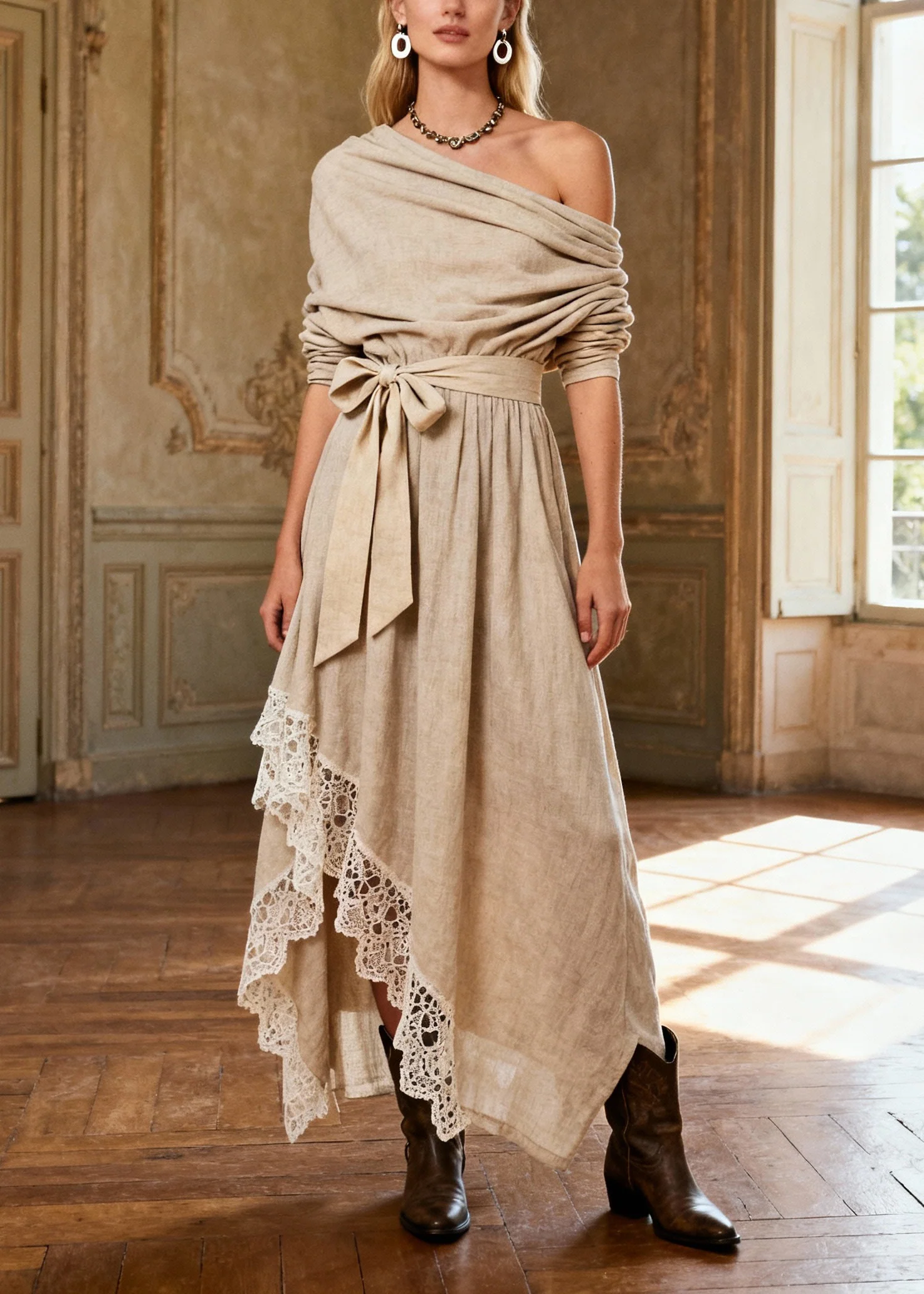 Casual Khaki Asymmetrical One Shoulder Maxi Dresses Spring - Image 3