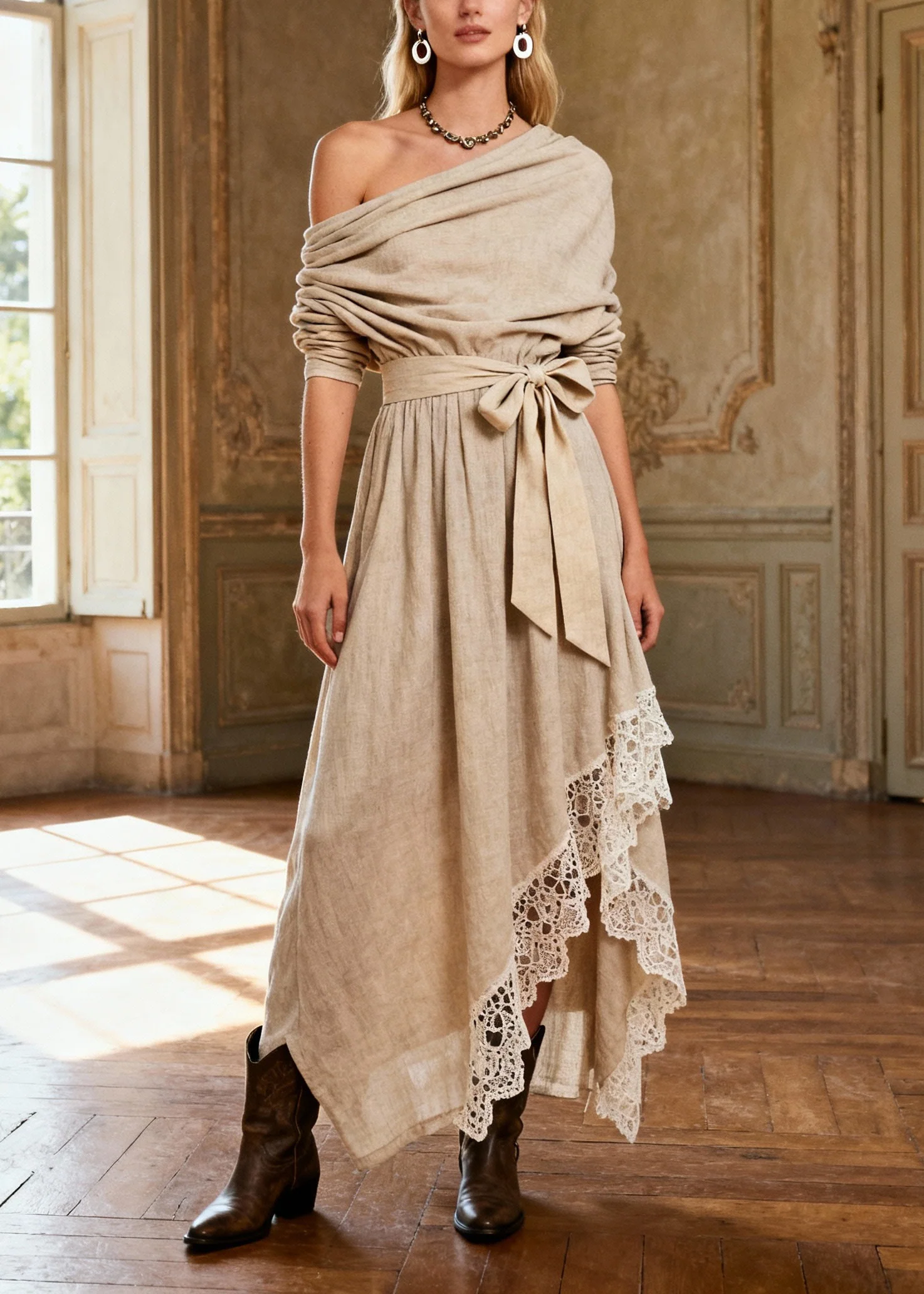 Casual Khaki Asymmetrical One Shoulder Maxi Dresses Spring - Image 5