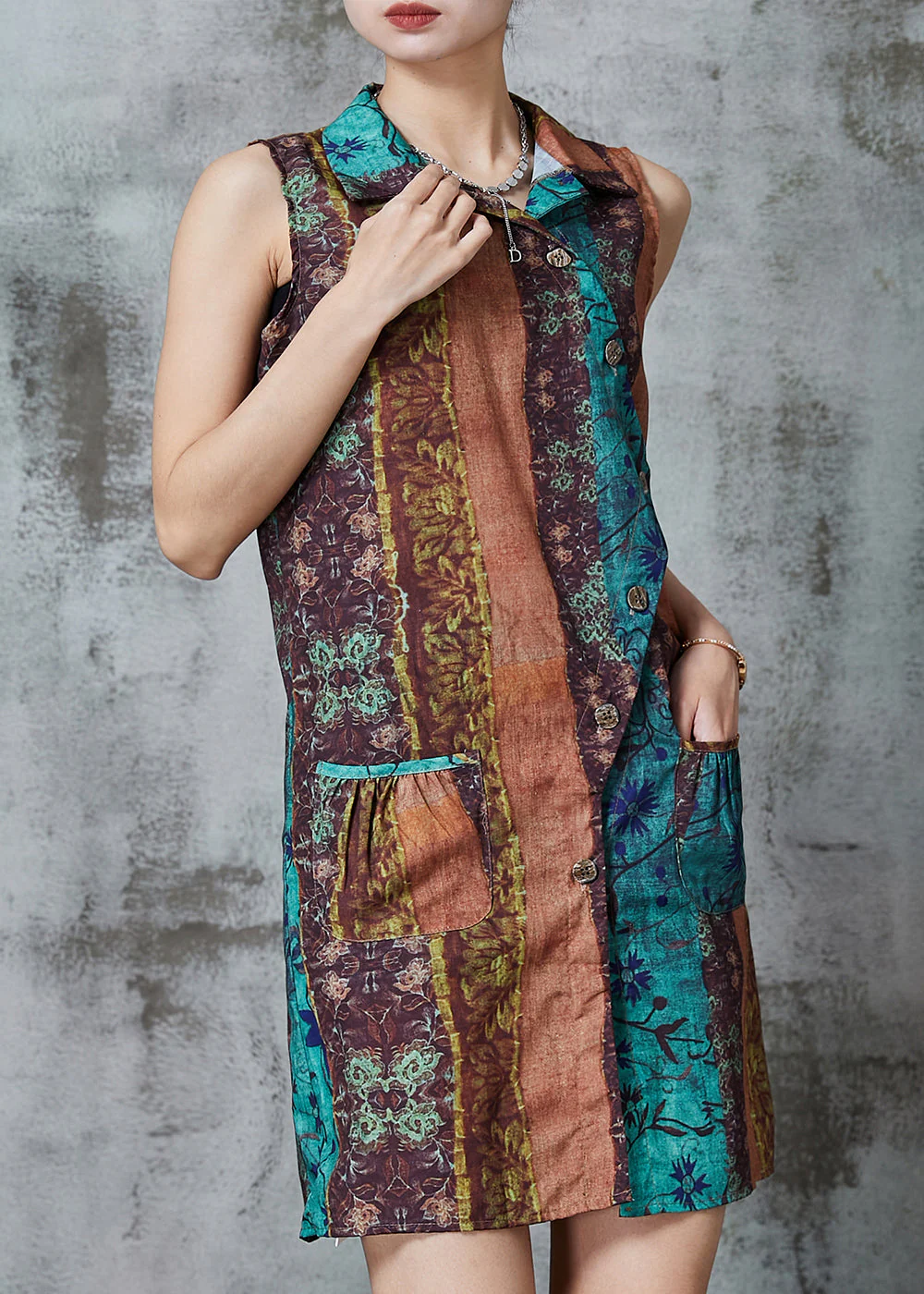 Casual Khaki Asymmetrical Print Linen Mini Dresses Sleeveless - Image 2