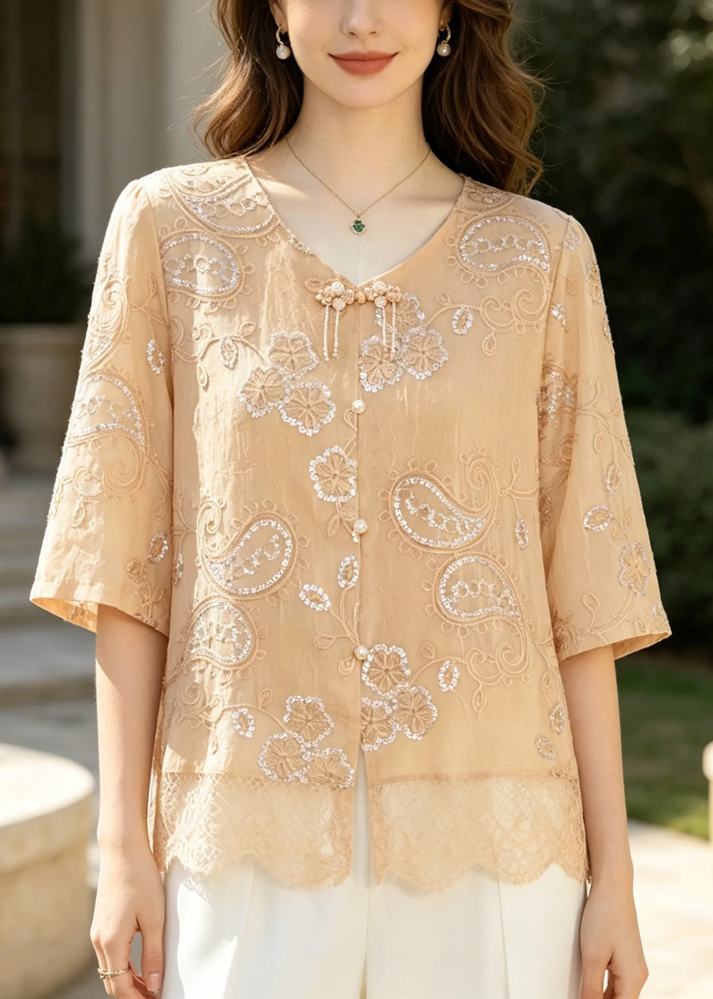 Casual Khaki Embroidered Patchwork Lace Tops Summer - Image 3