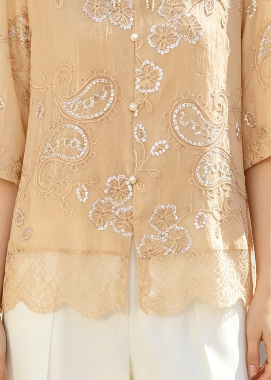 Casual Khaki Embroidered Patchwork Lace Tops Summer - Image 4
