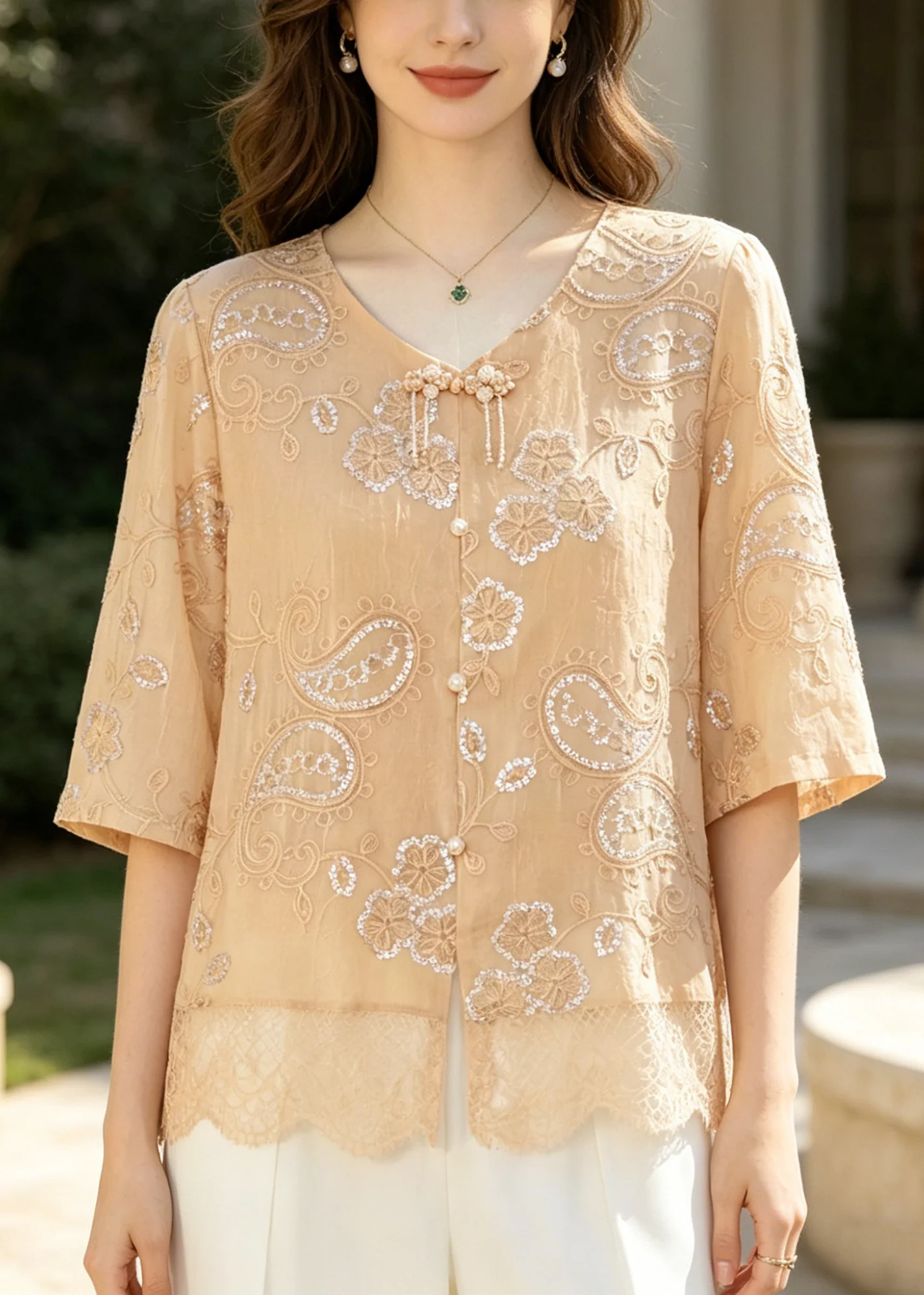 Casual Khaki Embroidered Patchwork Lace Tops Summer - Image 5