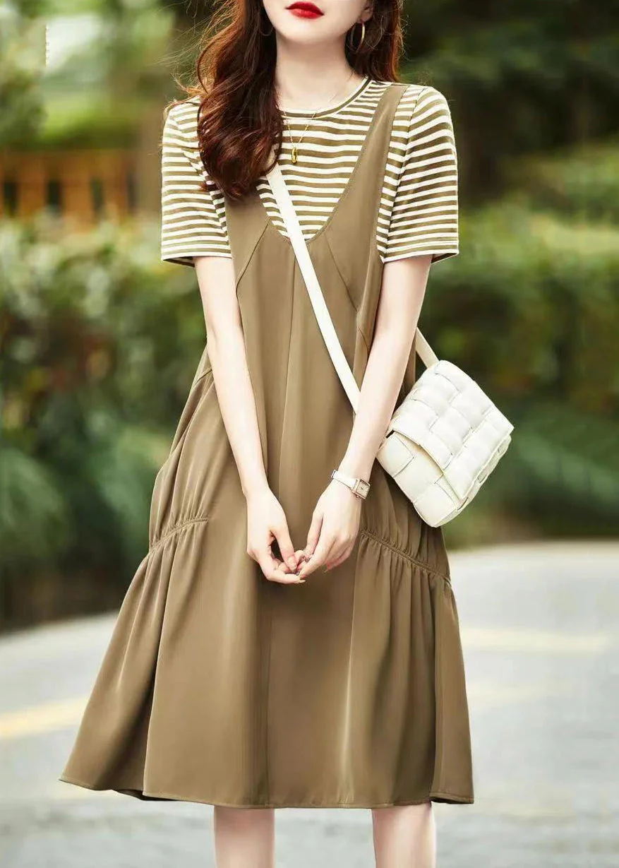 Casual Khaki O Neck Pockets Patchwork Cotton Dresses Summer - Image 2