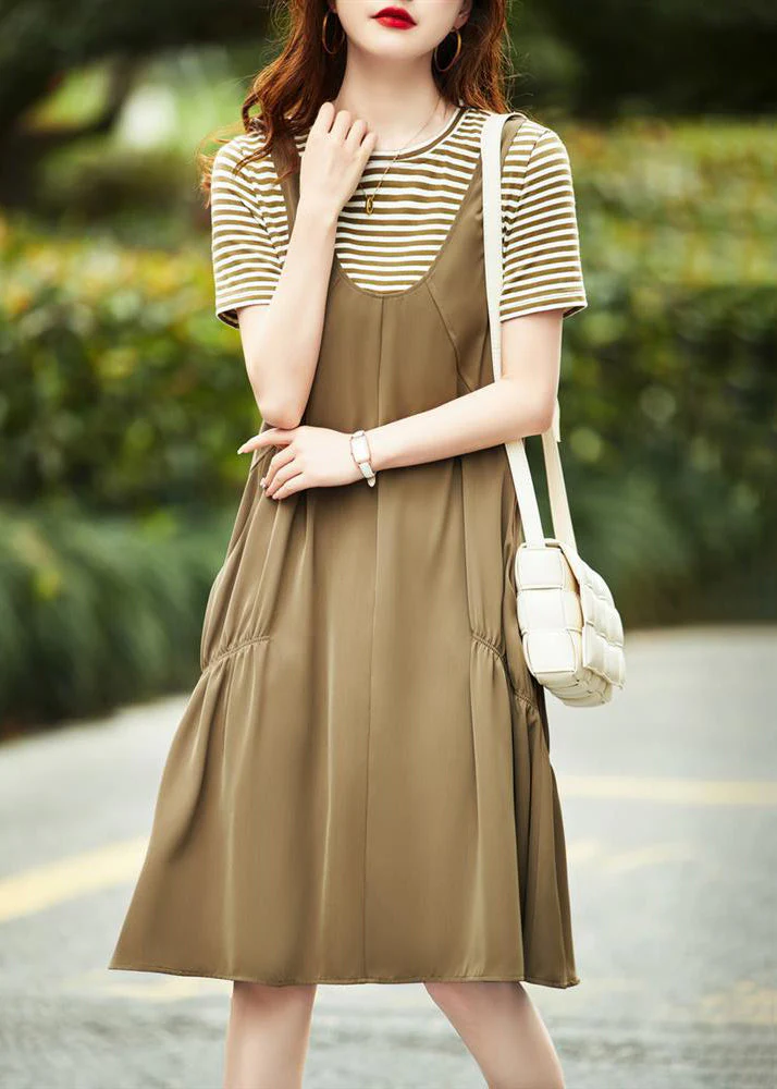 Casual Khaki O Neck Pockets Patchwork Cotton Dresses Summer - Image 3