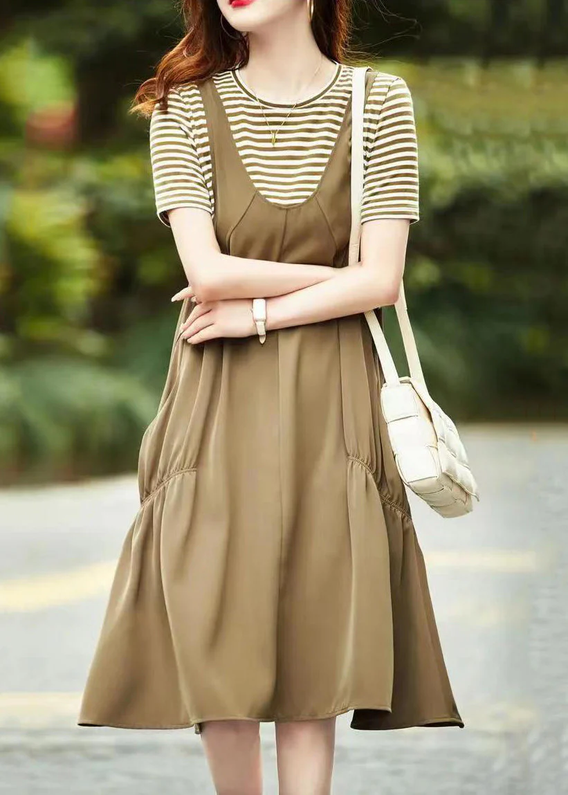 Casual Khaki O Neck Pockets Patchwork Cotton Dresses Summer - Image 4