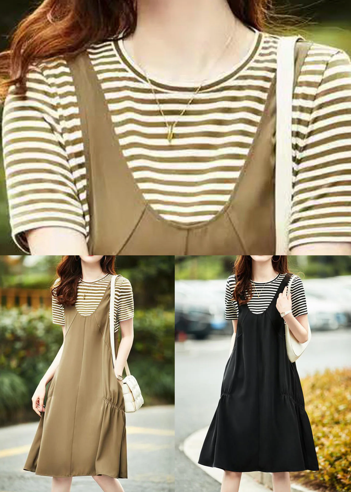 Casual Khaki O Neck Pockets Patchwork Cotton Dresses Summer - Image 5