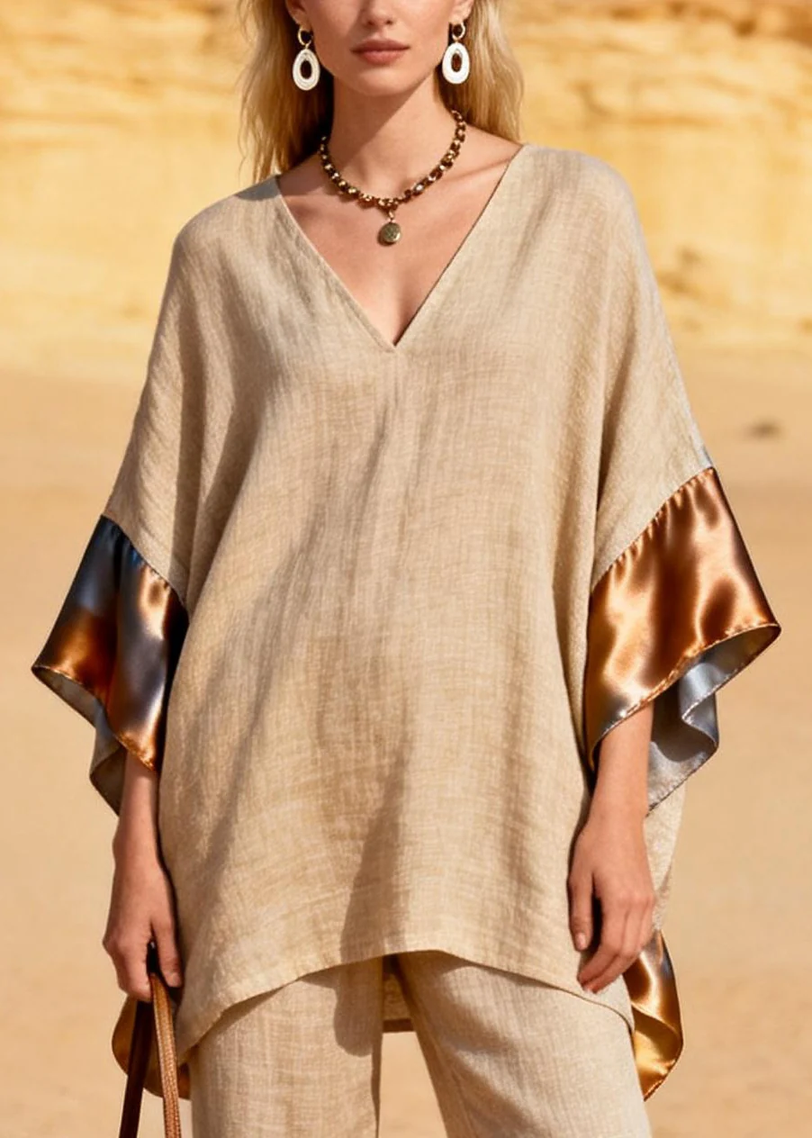 Casual Khaki Oversized Patchwork Silk Linen Two Pieces Set Summer - Image 2