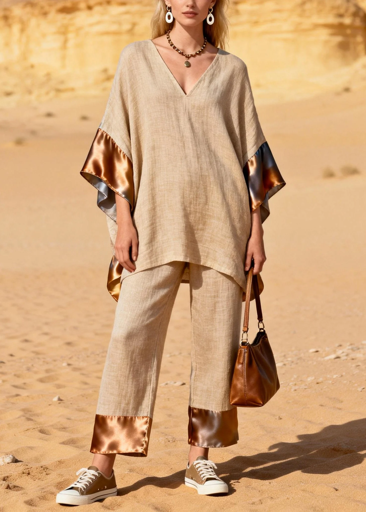 Casual Khaki Oversized Patchwork Silk Linen Two Pieces Set Summer - Image 3