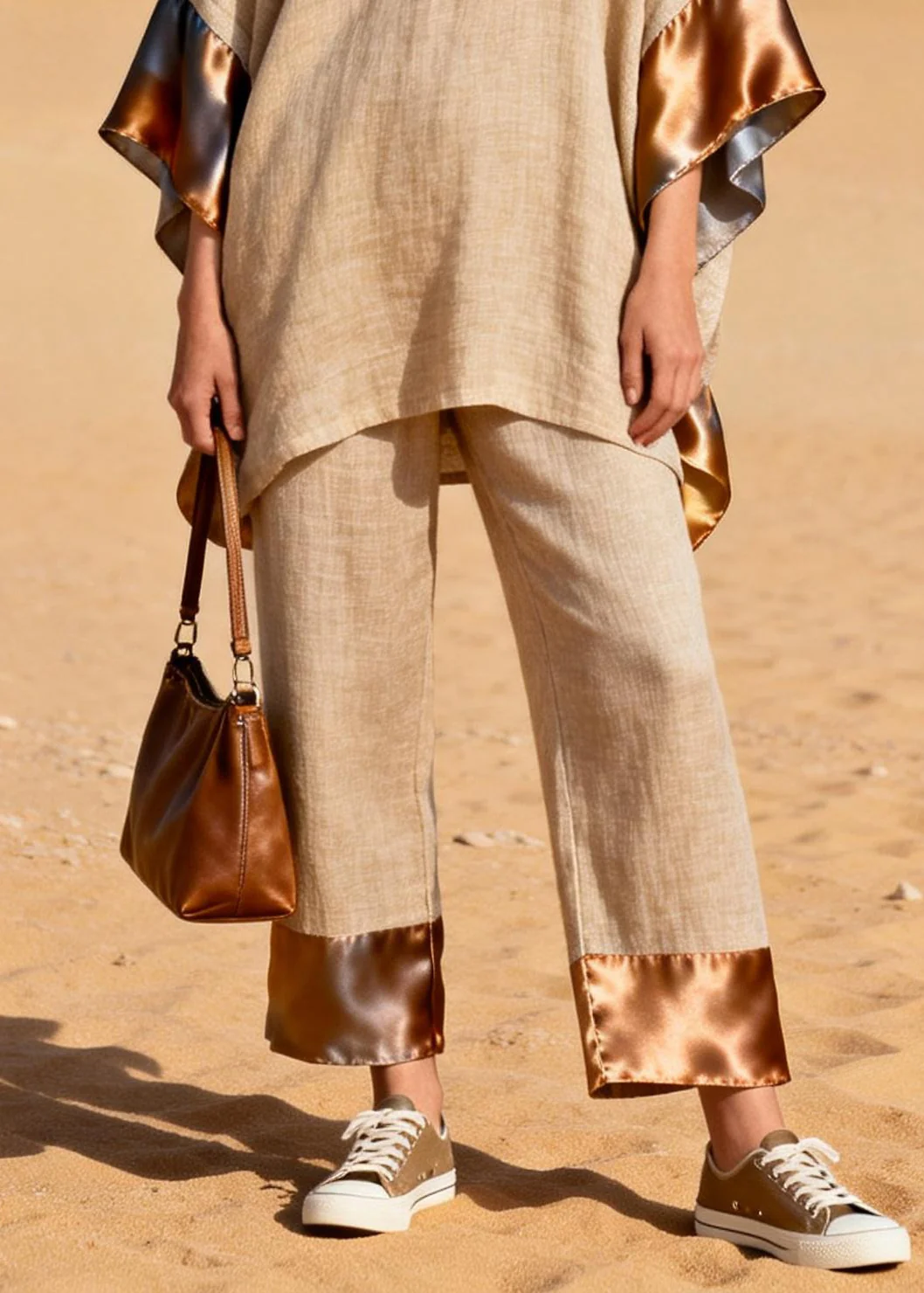 Casual Khaki Oversized Patchwork Silk Linen Two Pieces Set Summer - Image 4