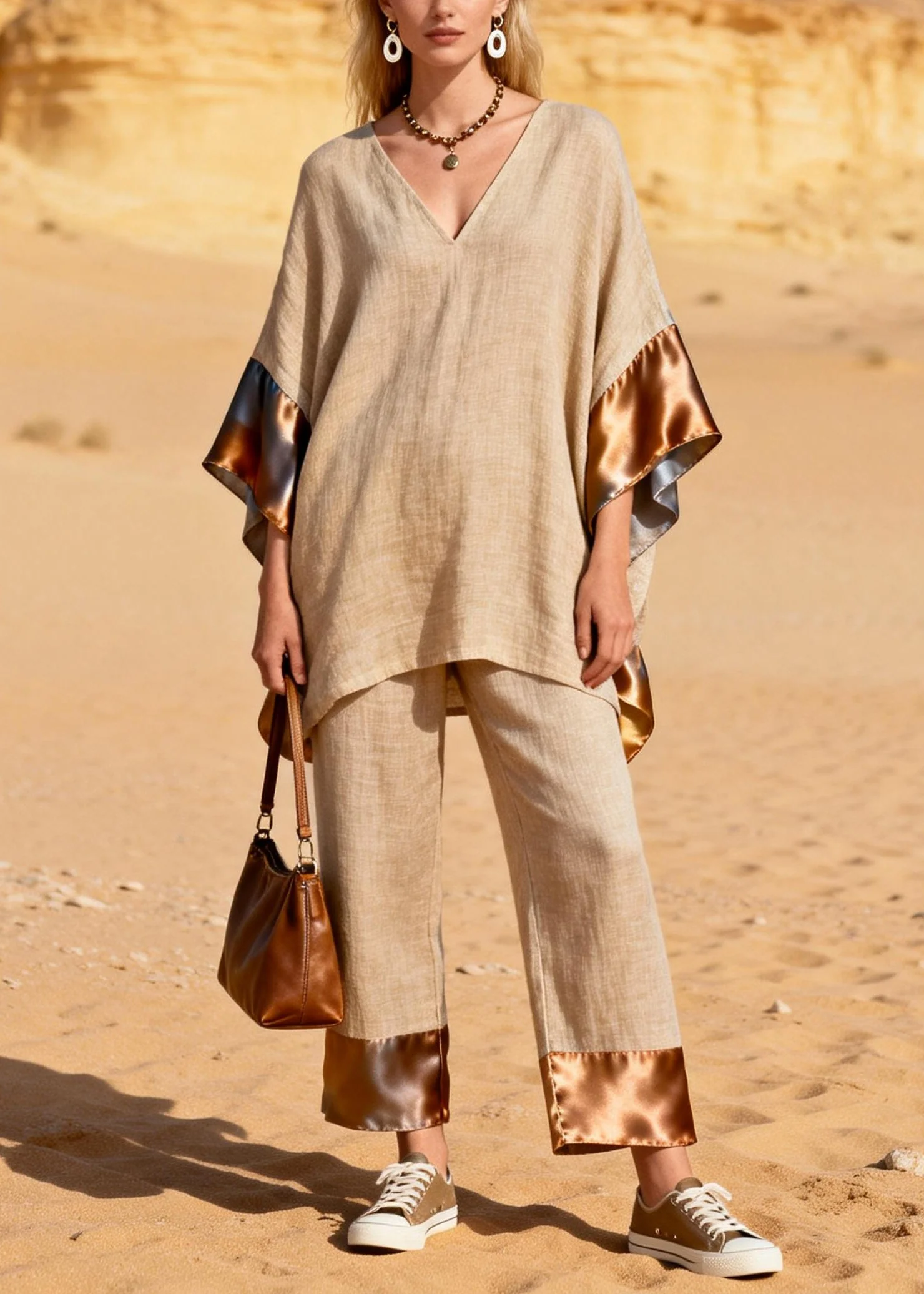 Casual Khaki Oversized Patchwork Silk Linen Two Pieces Set Summer - Image 5