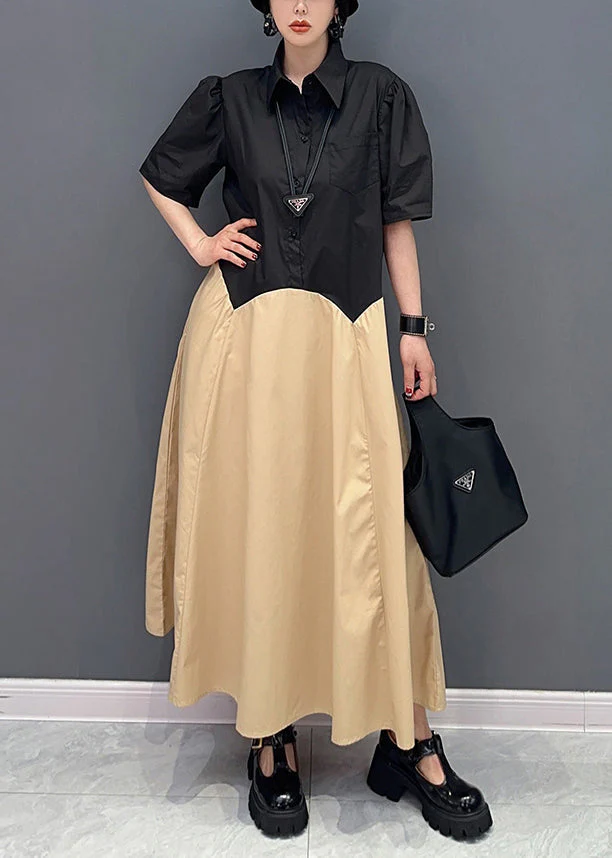 Casual Khaki Peter Pan Collar Patchwork Cotton Maxi Dress Summer - Image 2