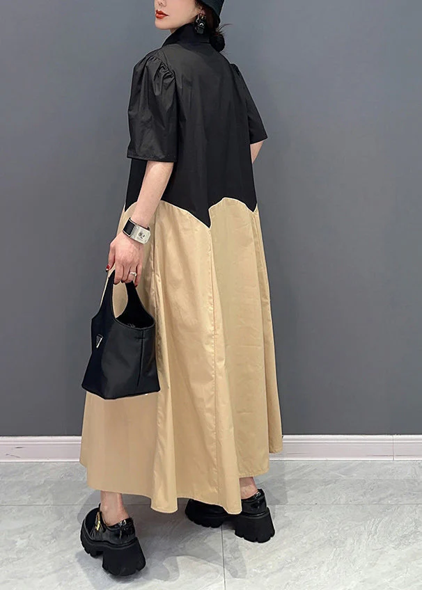 Casual Khaki Peter Pan Collar Patchwork Cotton Maxi Dress Summer - Image 4