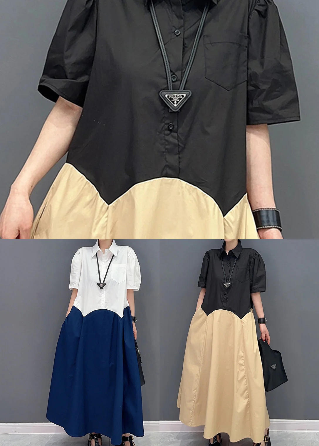 Casual Khaki Peter Pan Collar Patchwork Cotton Maxi Dress Summer - Image 5