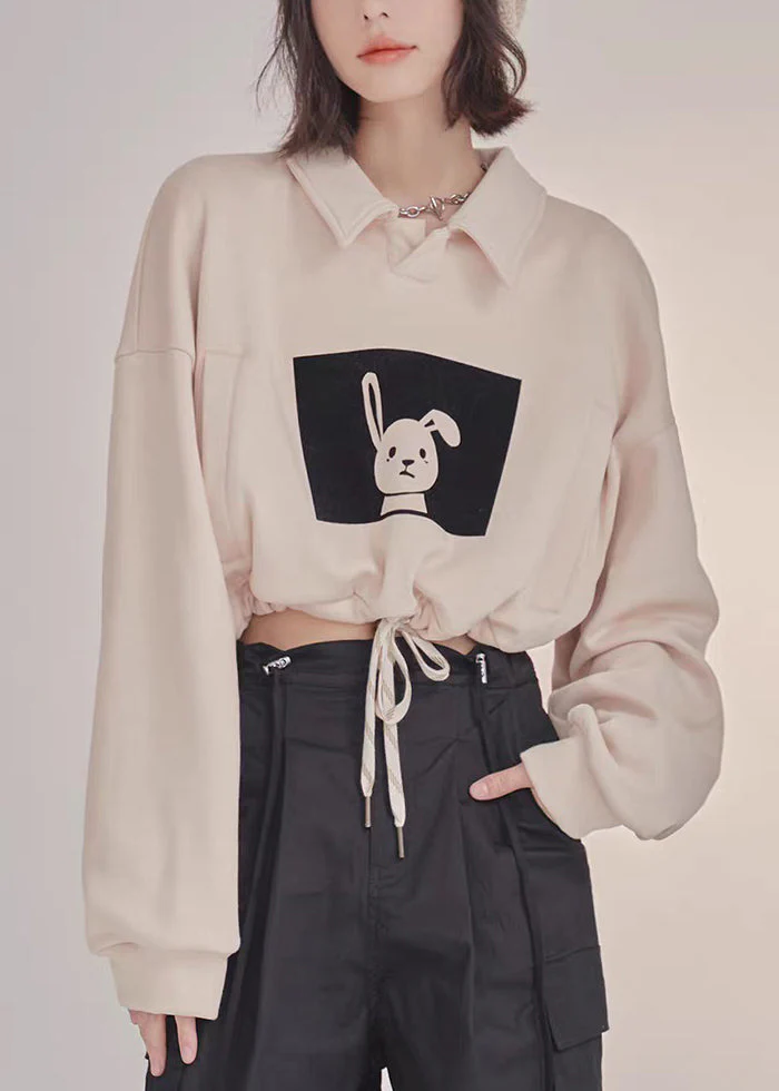 Casual Khaki Peter Pan Collar Print Drawstring Sweatshirts Fall - Image 2