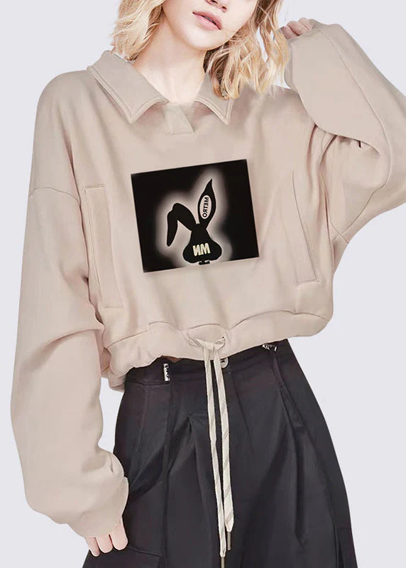 Casual Khaki Peter Pan Collar Print Drawstring Sweatshirts Fall - Image 3