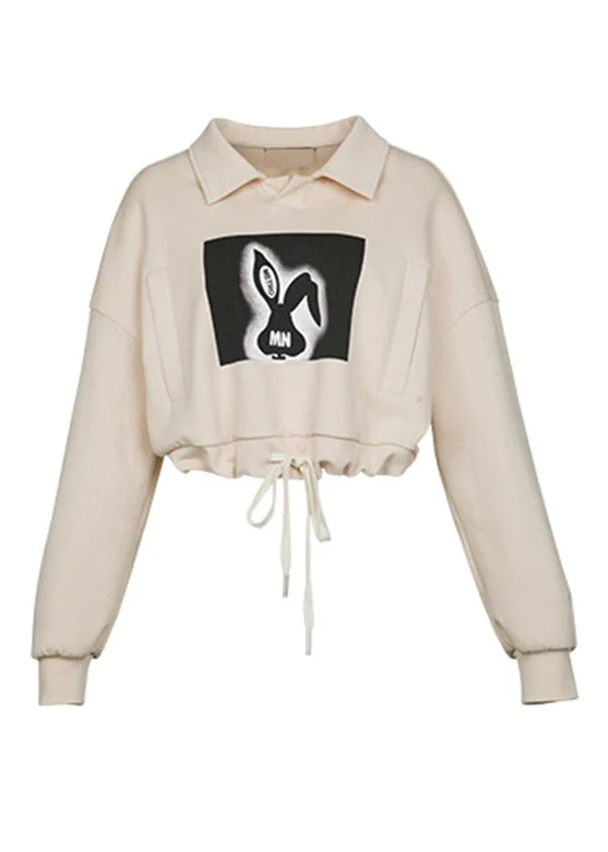 Casual Khaki Peter Pan Collar Print Drawstring Sweatshirts Fall - Image 5