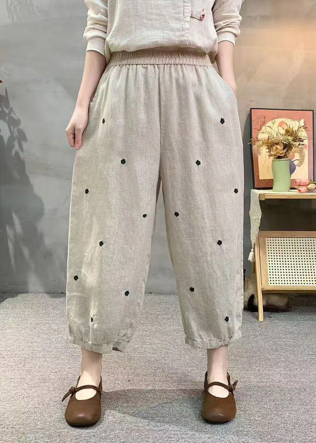 Casual Khaki Pockets Elastic Waist Dot Print Linen Crop Pants Summer - Image 2