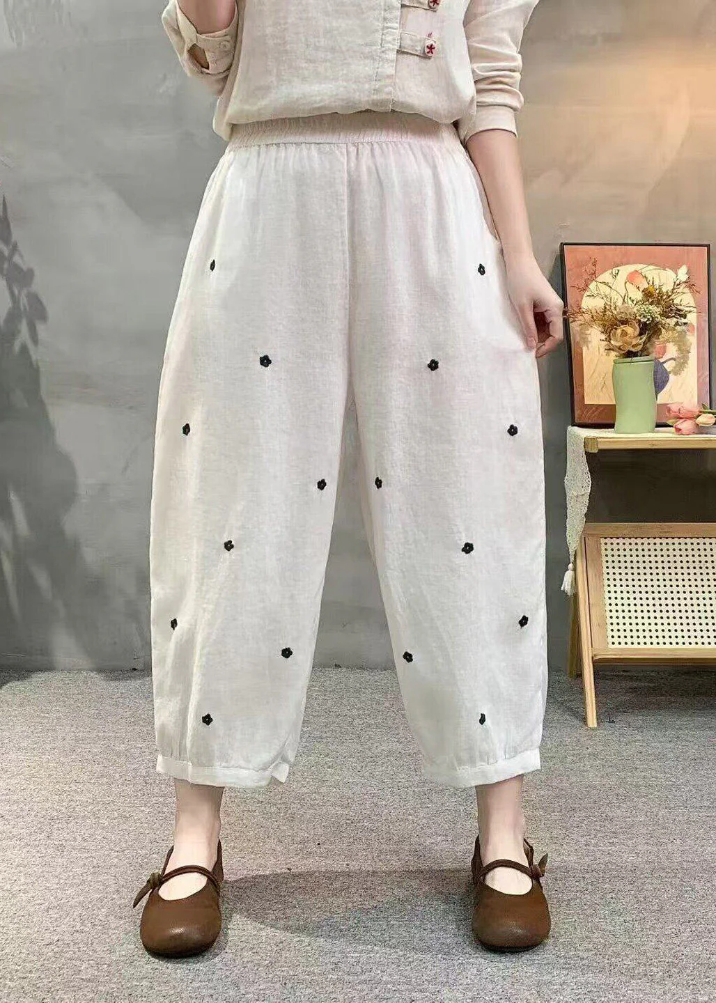 Casual Khaki Pockets Elastic Waist Dot Print Linen Crop Pants Summer - Image 3