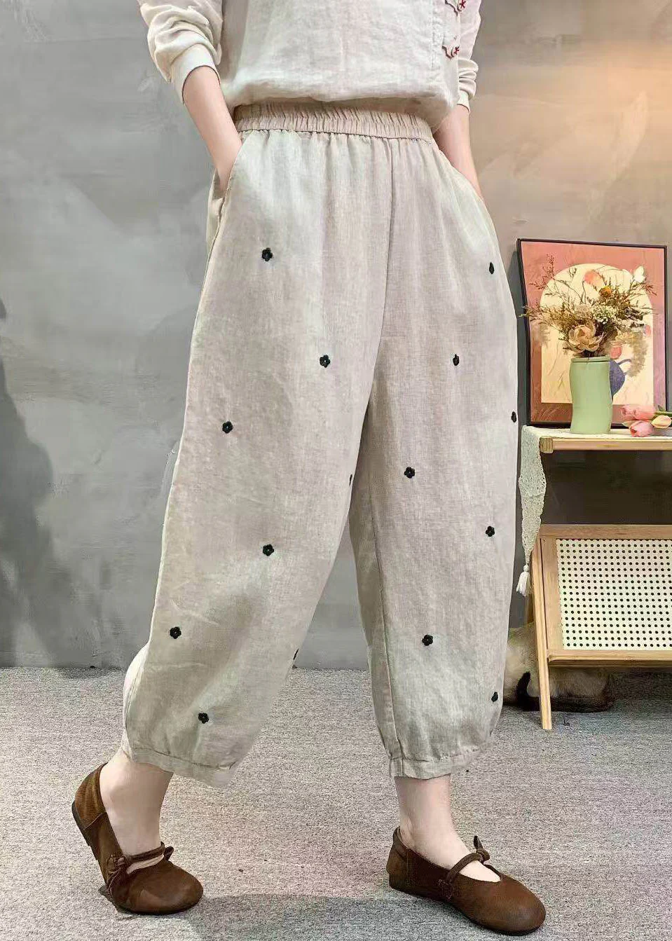 Casual Khaki Pockets Elastic Waist Dot Print Linen Crop Pants Summer - Image 4