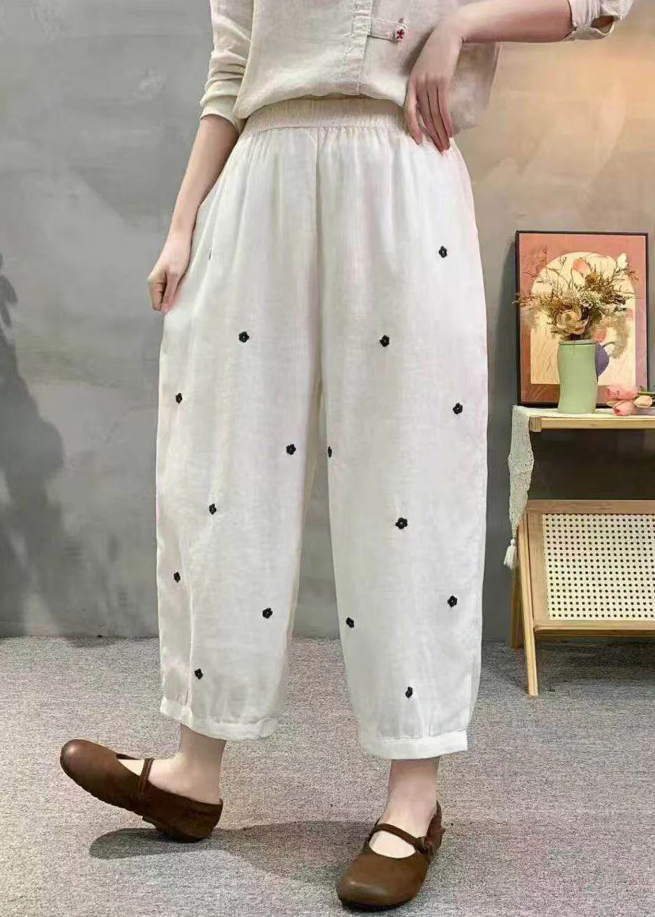 Casual Khaki Pockets Elastic Waist Dot Print Linen Crop Pants Summer - Image 5