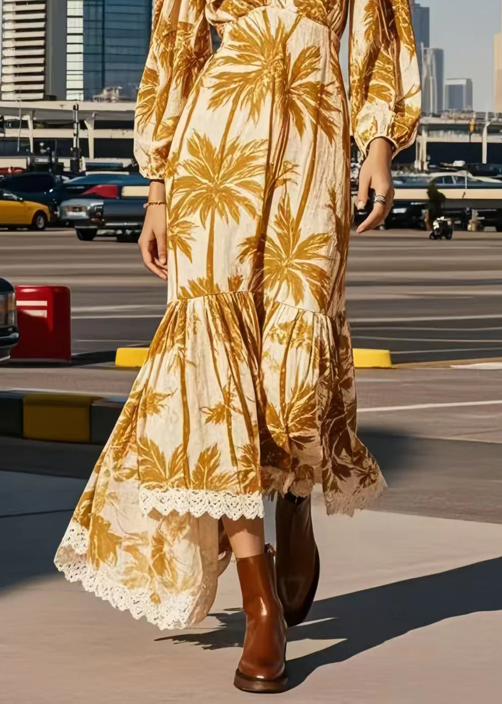 Casual Khaki Print Patchwork Lace Vacation Dresses Spring - Image 4