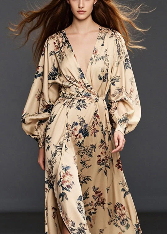 Casual Khaki Print Side Open Chiffon Long Dress Spring - Image 2