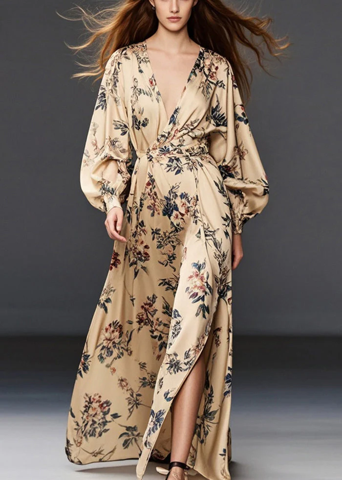 Casual Khaki Print Side Open Chiffon Long Dress Spring - Image 3