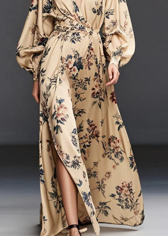 Casual Khaki Print Side Open Chiffon Long Dress Spring - Image 4