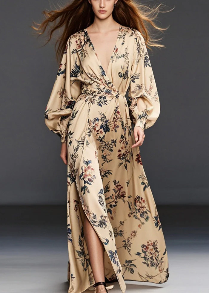 Casual Khaki Print Side Open Chiffon Long Dress Spring - Image 5