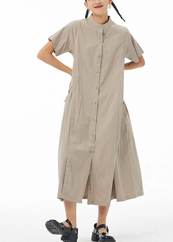 Casual Khaki Stand Collar Button Solid Cotton Long Shirt Dress Summer - Image 2