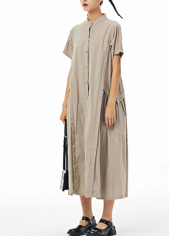 Casual Khaki Stand Collar Button Solid Cotton Long Shirt Dress Summer - Image 3