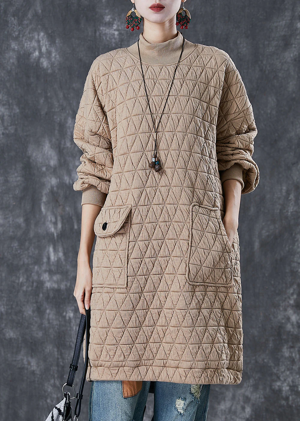 Casual Khaki Stand Collar Pockets Fine Cotton Filled Loose Sweatshirt Dress Winter - Image 2